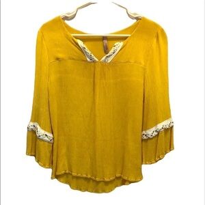 2/$15 Entro - Mustard Yellow Lace Trim Blouse – Size S